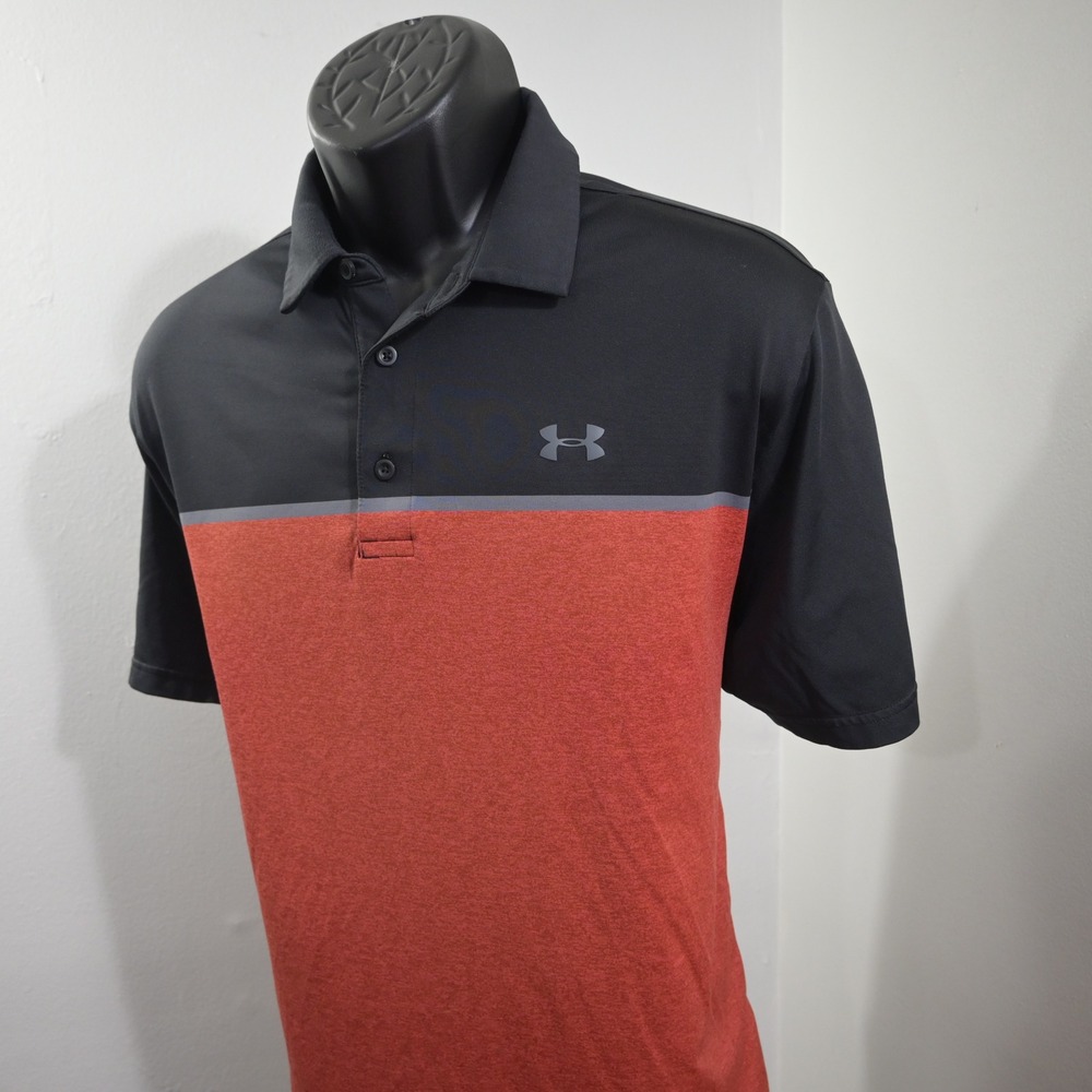 Under Armour Playoff Polo Mens LG Black Orange Gray Colorblock HeatGear Logo